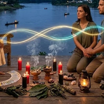 Se realiza un ritual de amarre de amor con velas rojas y tarot en un altar a orillas del río en la frontera de Leticia y Tabatinga.